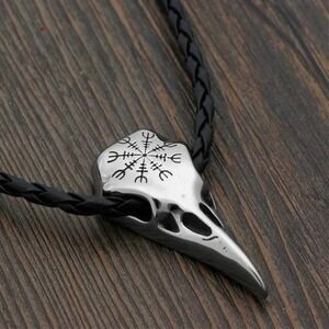 Viking Raven Skull Pendant Necklace Stainless Steel Crow Pendant Rope Chain